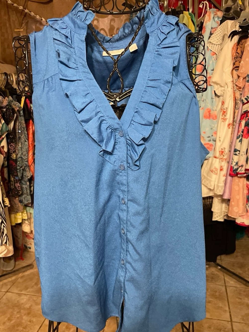 New York & Company Blue Ruffle-Trim Sleeveless Button-Front Top